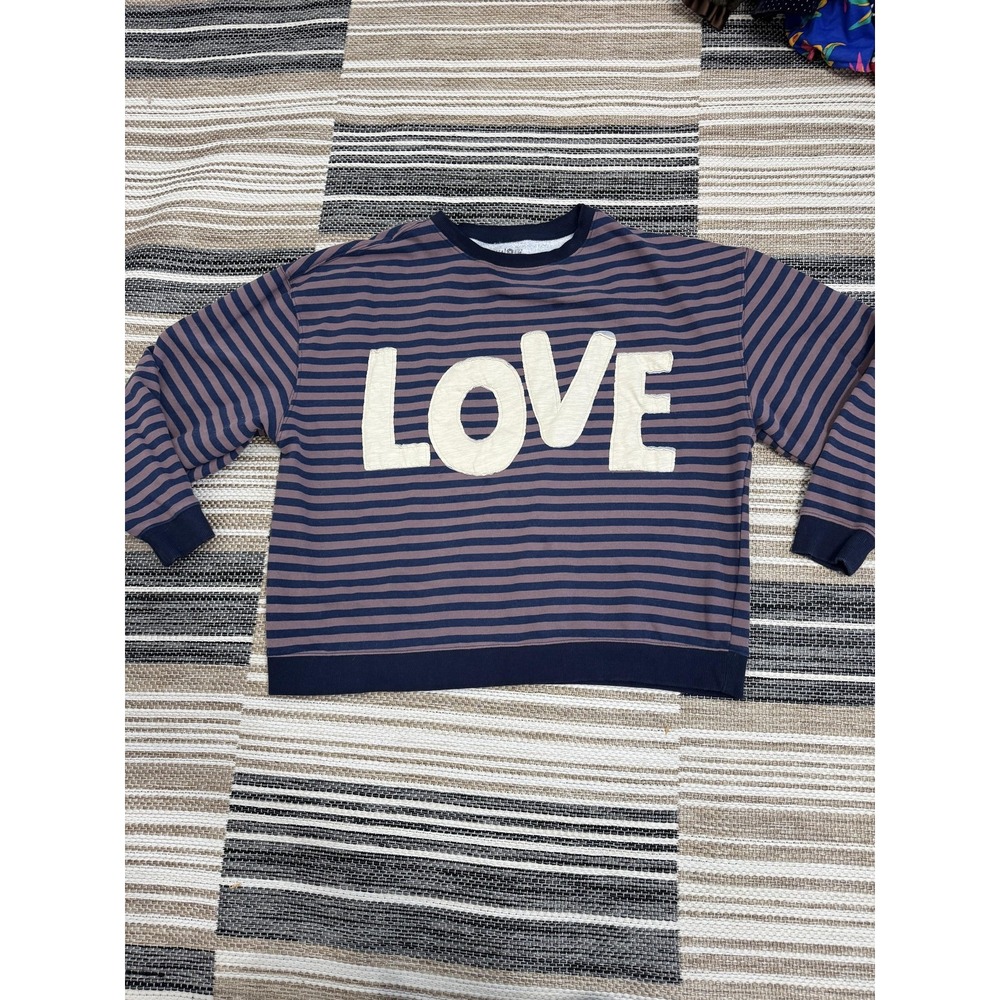 Natural Life Sweatshirt Women's Small Blue Striped LOVE Graphic Pullover Relaxed